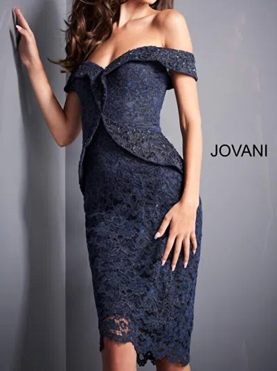 Jovani Off The Shoulder Knee Length Lace Evening Gown In Navy In Blue