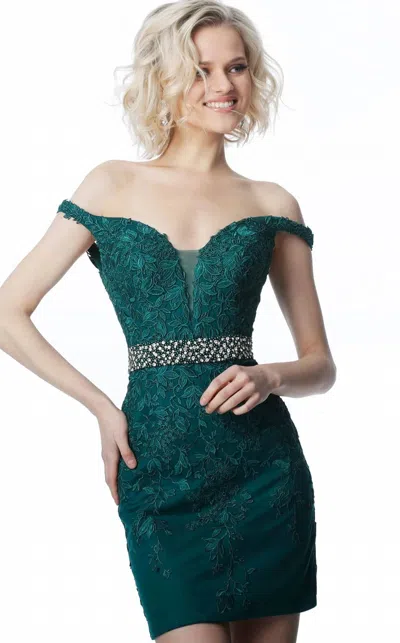 Jovani Off The Shoulder Lace Appliqued Beaded Short Dress In Emerald In Green