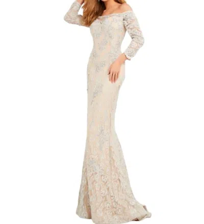 Jovani Off The Shoulder Lace Dress In Taupe In Grey