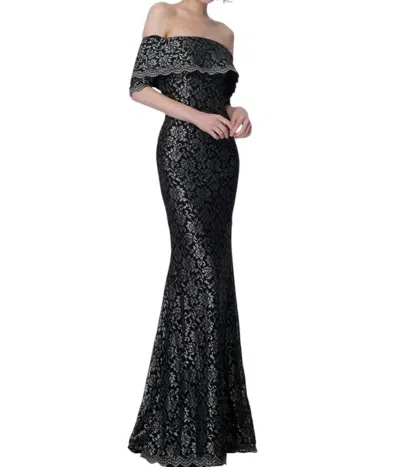 Jovani Off The Shoulder Lace Evening Dress In Black/gold