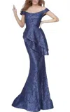Jovani Off The Shoulder Mermaid Gown In Navy In Blue