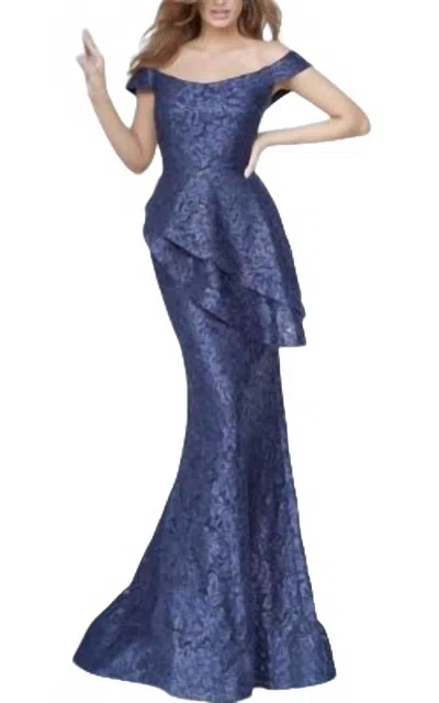 Jovani Off The Shoulder Mermaid Gown In Navy In Blue