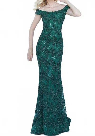 Jovani Off The Shoulder Neckline And Shimmering Sequin Lace Dress In Emerald In Green