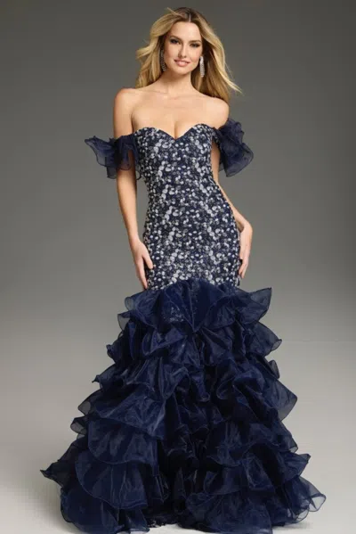 Jovani Off-the-shoulder Ruffled Gown In Blue