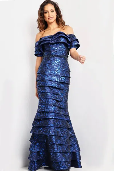 Jovani Off The Shoulder Short Sleeved Gown In Blue