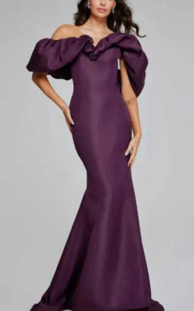 Jovani Off-shoulder Gown With Dramatic Ruffled Sleeves In Wine In Purple