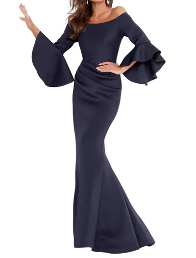 Jovani Off-shoulder Bell Sleeve Draped Mermaid Evening Gown In Navy In Blue