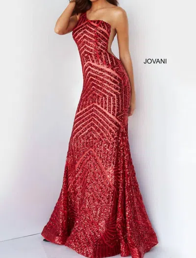 Jovani Geometric Sequined Prom Gown In Red