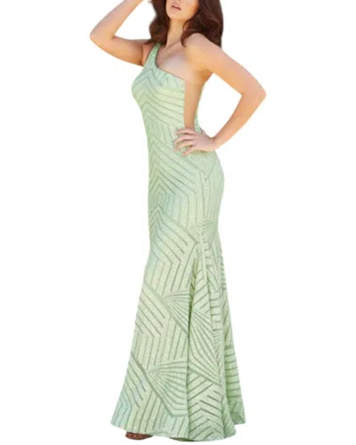 Jovani One Shoulder Beaded Geometric Sequin Prom Dress In Pale/green