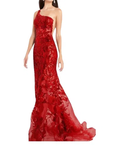 Jovani One Shoulder Embellished Evening Gown In Red