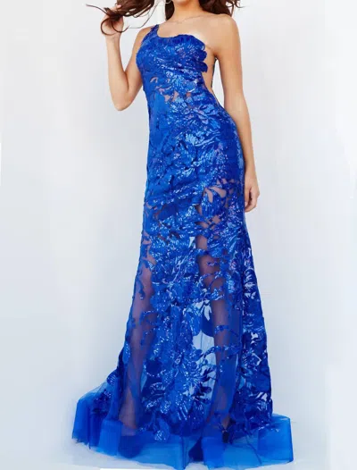 Jovani One Shoulder Embellished Evening Gown In Royal In Blue