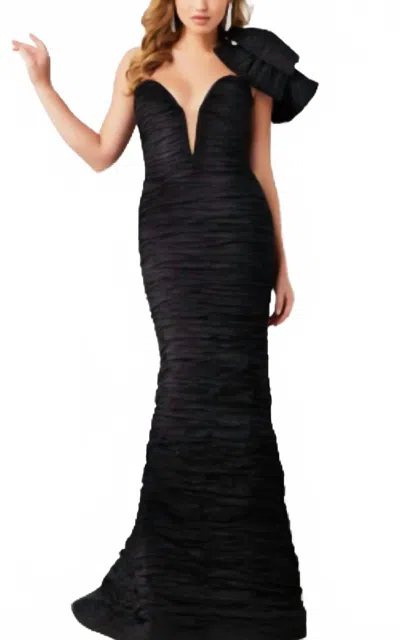 Jovani One Shoulder Fitted Crushed Gown In Black