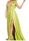 Jovani One Shoulder Flower A-line Gown In Lime In Green