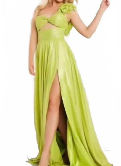 Jovani One-shoulder Flower A-line Gown In Lime In Green