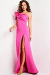 Jovani One Shoulder High Slit Gown In Pink