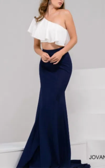 Jovani One Shoulder  Two Piece In Navy/ivory In Blue