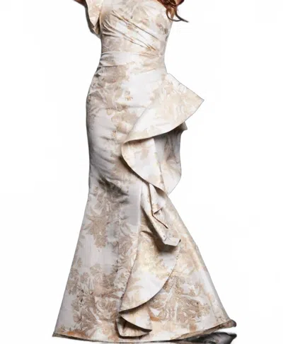 JOVANI ONE SHOULDER RUFFLE SKIRT EVENING GOWN IN GOLD