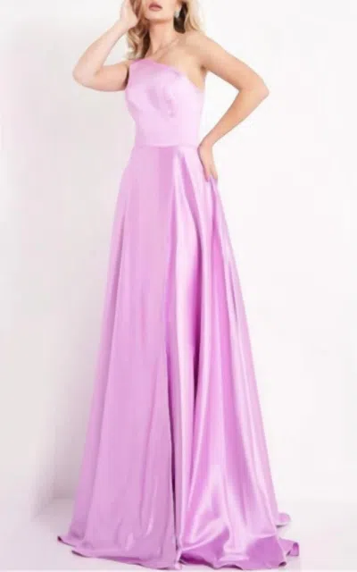 Jovani One Shoulder Satin Gown In Lilac In Pink
