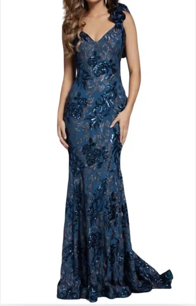 Jovani One Shoulder Sequin Gown In Navy In Blue