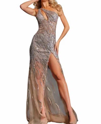 Jovani One Shoulder Sequin Prom Dress In Nude/silver In Multi