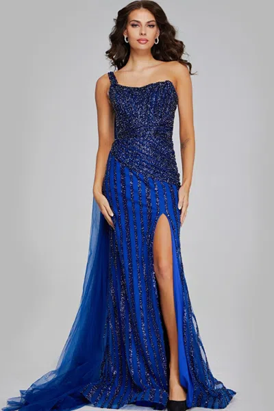 Jovani One Shoulder Slit Gown With Beaded Details In Blue