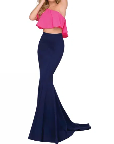 Jovani One Shoulder Two Piece Prom Dress In Fuchsia Navy In Multi