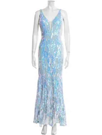 Pre-owned Jovani Patterned Long Dress In Blue