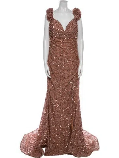 Pre-owned Jovani Patterned Long Dress In Brown