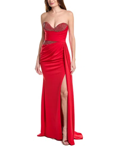 Jovani Pleated Crystal Gown In Red