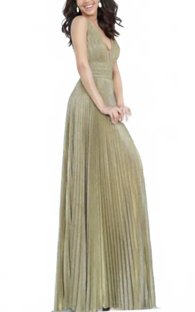 Jovani Pleated Glitter Dress In Antique Gold In Green