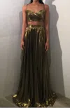 Jovani Pleated Metallic Cut Out Gown In Gold