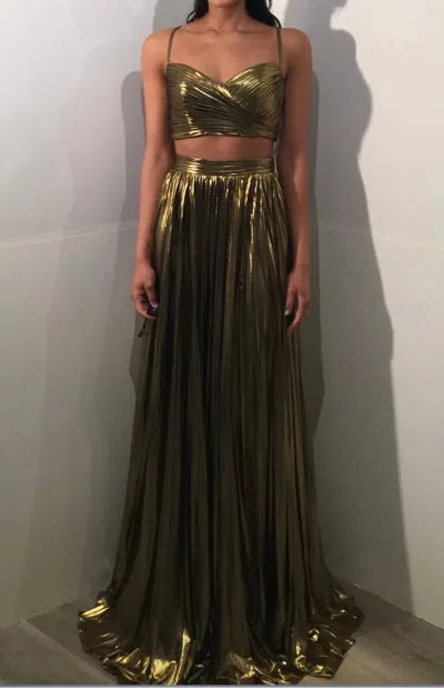 Jovani Pleated Metallic Cut Out Gown In Gold