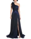 Jovani Pleated One-shoulder Gown In Blue