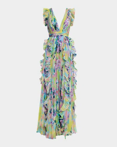 Jovani Pleated Ruffle-trim Chiffon Gown In Multi