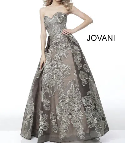 Jovani Pleated Strapless Evening A Line Dress In Black Nude In Transparent