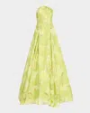 Jovani Pleated Strapless Floral Jacquard Gown In Green