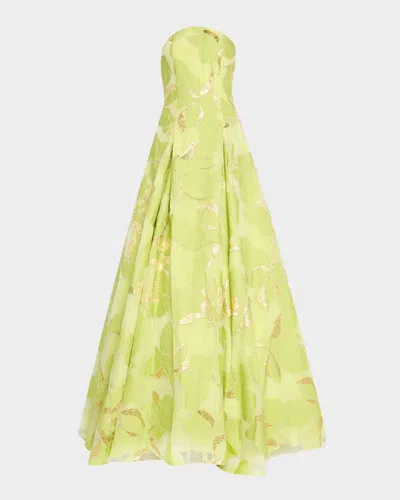 Jovani Pleated Strapless Floral Jacquard Gown In Green