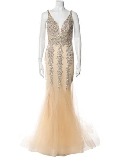 Pre-owned Jovani Plunge Neckline Long Dress W/ Tags In Neutral