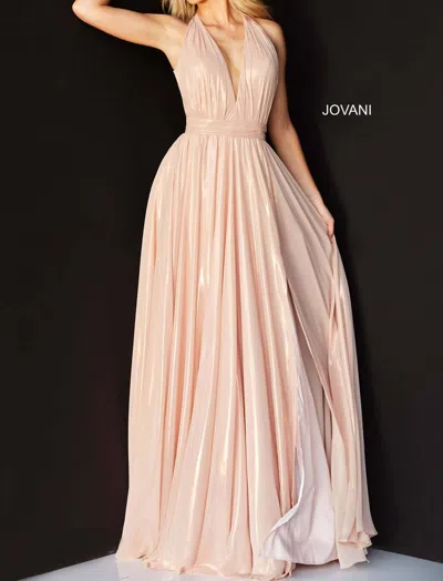Jovani Plunging Halter Cascading Panel Gown In Blush In Gold