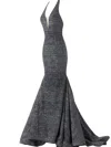 Jovani Plunging Halter Neck Formal Gown In Grey In Multi