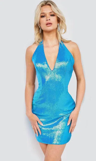 Jovani Plunging Halter Sequin Cocktail Dress In Irridescent Royal In Blue