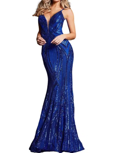 Jovani Plunging Neck Embellished Dress In Royal Blue