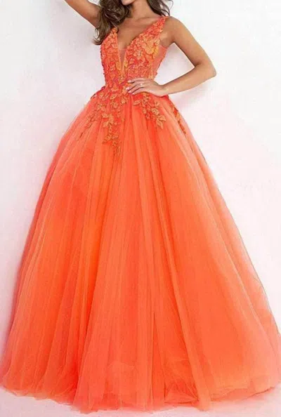 Jovani Plunging Neck Floral Prom Dress In Orange