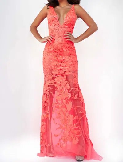 Jovani Plunging Neckline Embellished Prom Dress In Tangerine In Orange