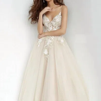 Jovani Plunging Neckline Flower Appliques Prom Gown In Champagne In Beige