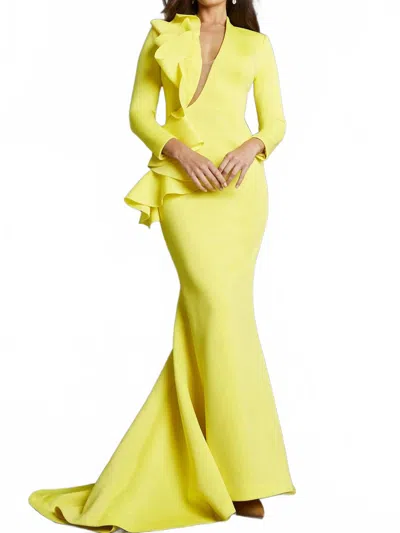 Jovani 07934 Ruffle Fitted Three Quarter Sleeve Formal Dress In Yellow