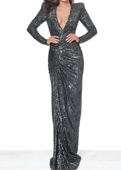 Jovani Plunging V Neck Full Sequins Evening Dress In Black Multi