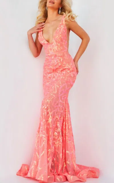 Jovani Plunging V-neck Sequin Embellished Gown In Coral In Pink