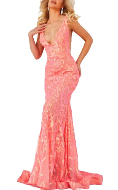 Jovani Plunging V-neck Sequin Embellished Gown In Iridescent Coral In Pink