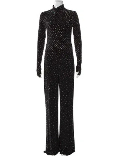 Pre-owned Jovani Polka Dot Print Turtleneck Jumpsuit In Black